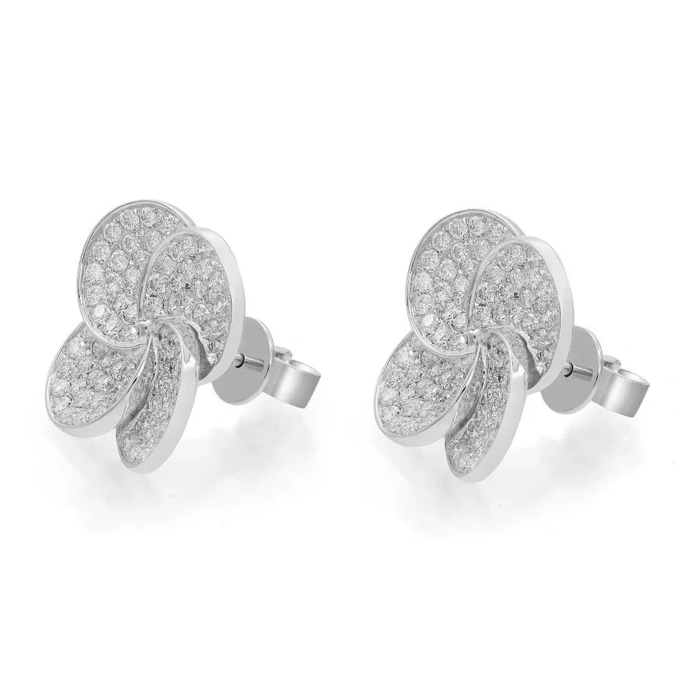 Pave Set Round Cut Diamond Flower Stud Earring 18K White Gold 1.44Cttw - Picture 3 of 4